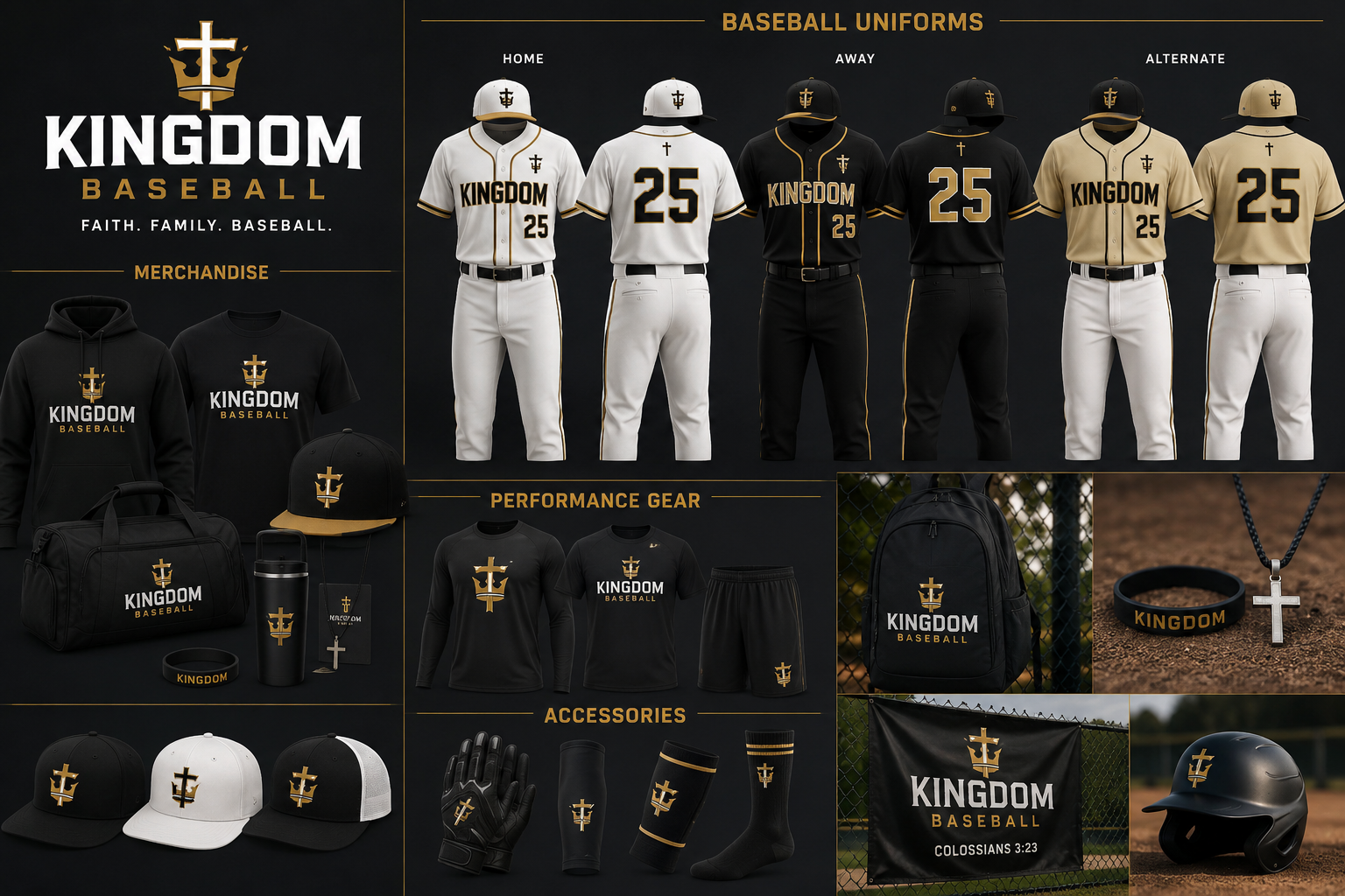 Kingdom Baseball lookbook — home, away, and alternate uniforms with merchandise and accessories